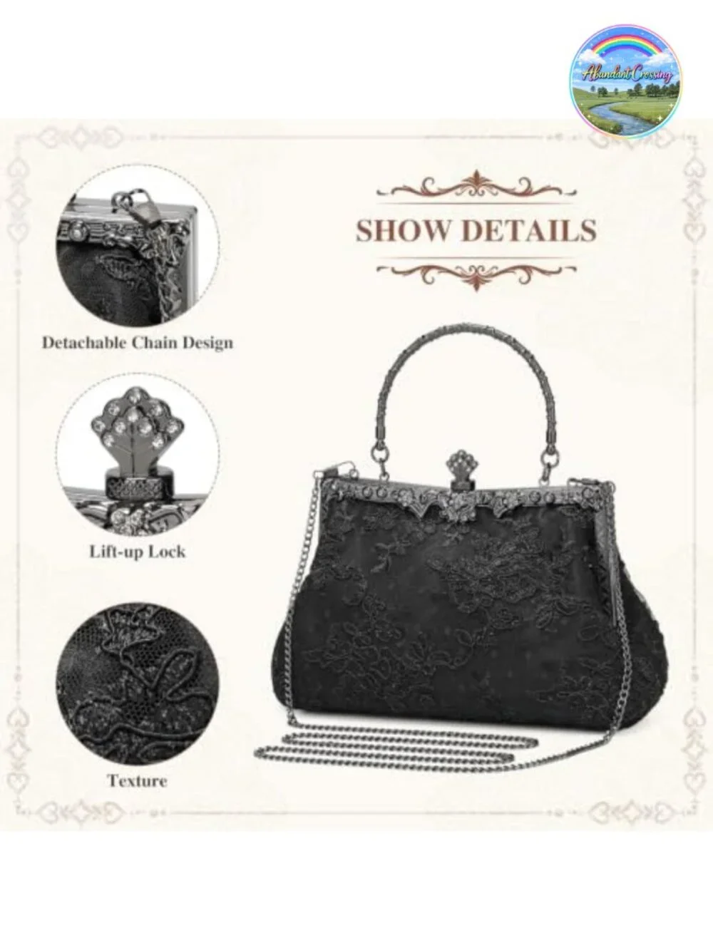 Vintage Lace Floral Evening Clutch with Detachable Chain
